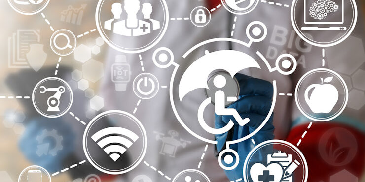 Doctor offers disability medical health care support icon on bac Mercado Libre