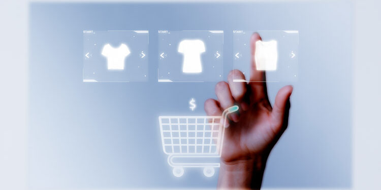 Person adding clothes to cart closeup for online shopping campai CyberMonday