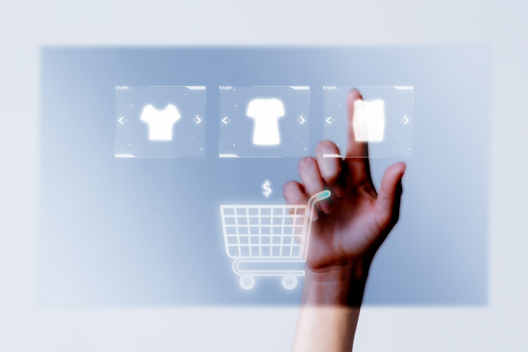 Person adding clothes to cart closeup for online shopping campai CyberMonday