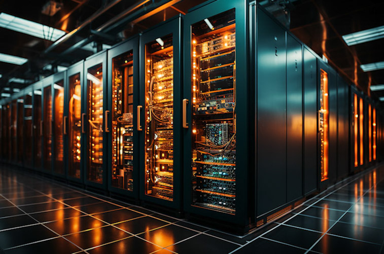 Futuristic computer network connects global industry in modern warehouse generated by AI Centros de datos