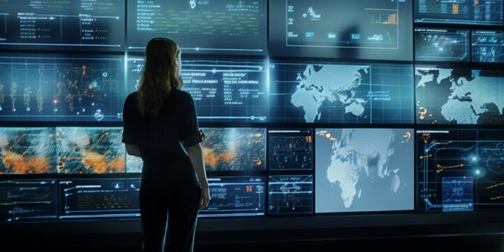 One person standing, watching glowing abstract cloud generated by AI Mujeres