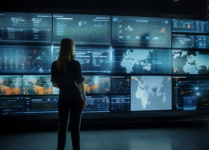 One person standing, watching glowing abstract cloud generated by AI Mujeres