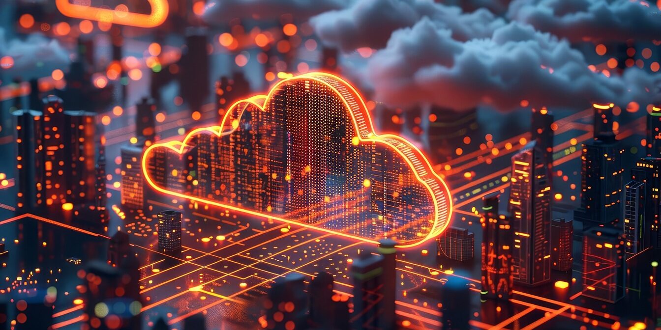 Smart city 3D light cloud computing cityscape Intelligent building big data exchange storage online futuristic business concept future technology Urban banner vector illustration Nube tríada tóxica