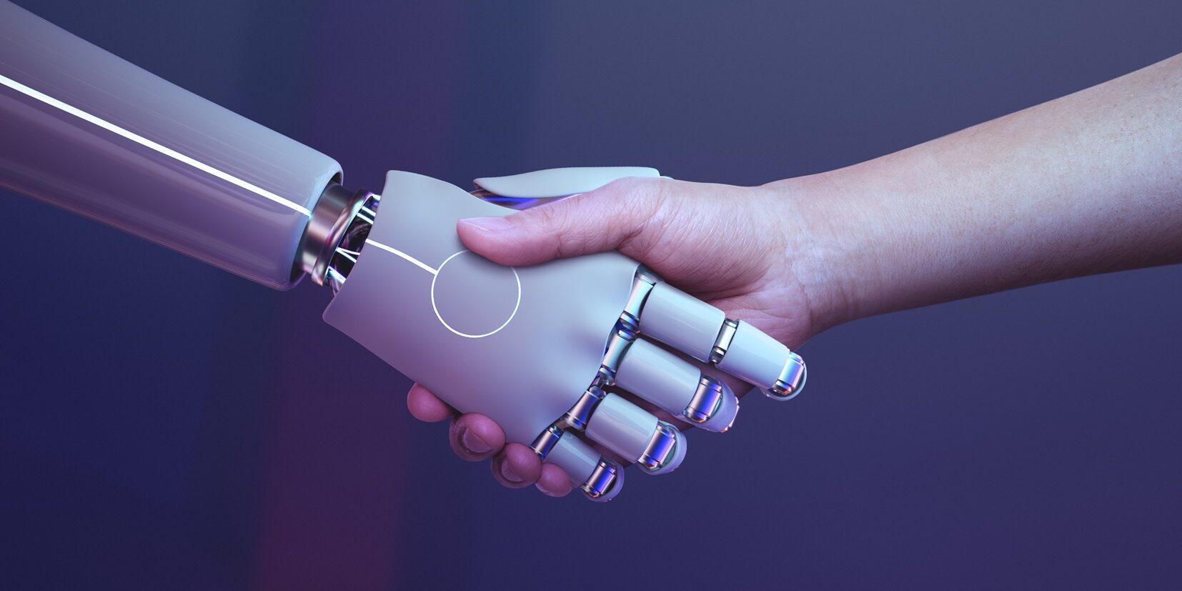 Robot handshake human background, futuristic digital age IA Mayo 2025