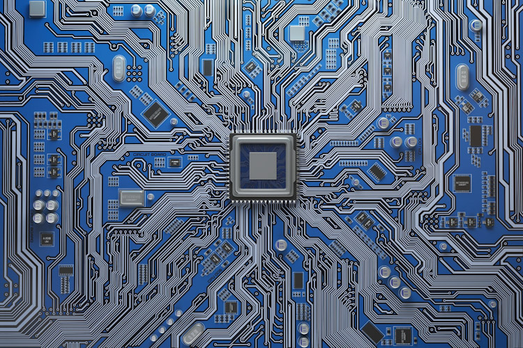 Computer motherboard with CPU. Circuit board system chip with co Redes cuánticas